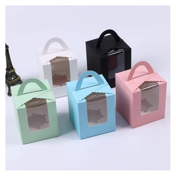 Single Cupcake Carrier Box with Clear Window – 9.2 x 9.2 x 11 cm Paper Dessert Box with Handle for Muffins