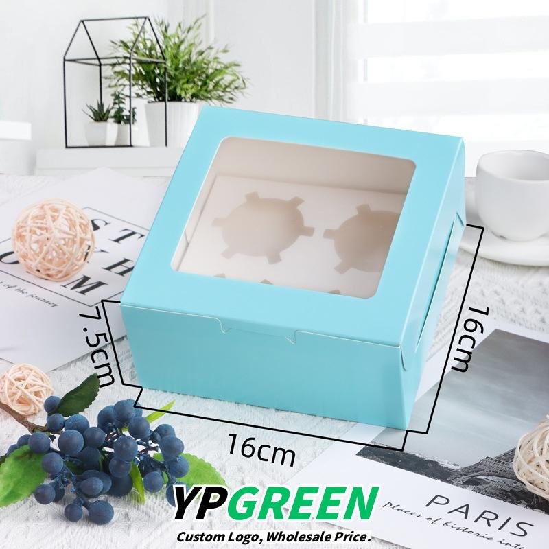 4 slot blue cupcake packaging box – 16 x 16 x 7.5 cm Windowed Paper Cupcake Packaging from Manufacturer