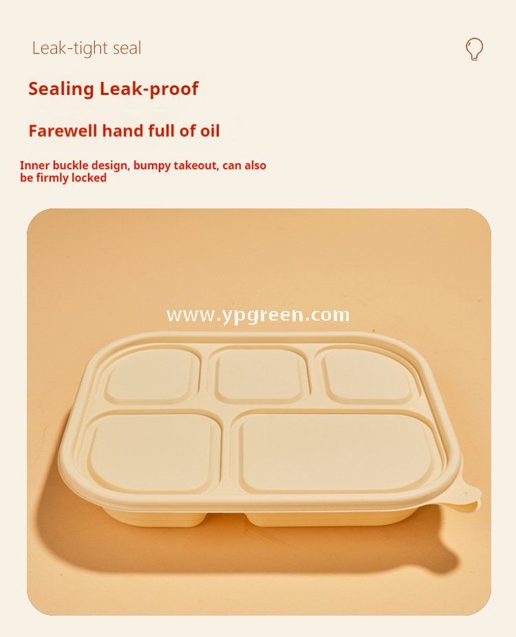 Five-grid v3 1000 ml corn starch degradable lunch box – 25.8×20.7×4.2 cm Cornstarch Takeout Tray for Bento & Delivery