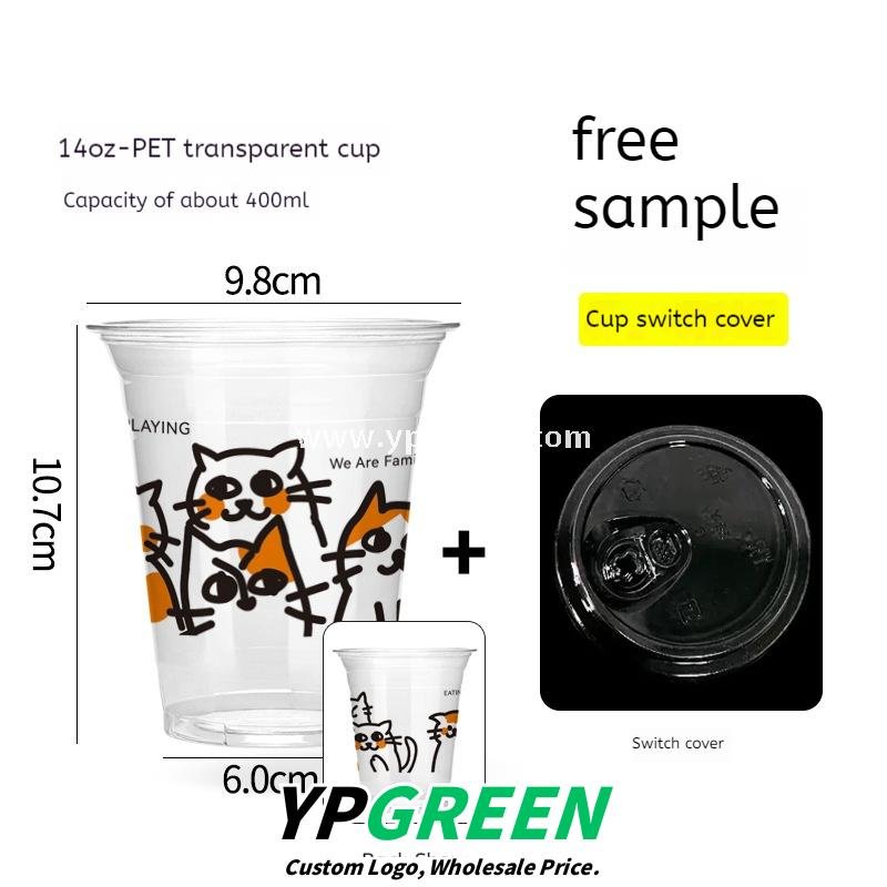 14oz Cute Cat Design Cold Drink Cup with Paper Tray – 400ml PET Cup 9.8x6.0x10.7cm