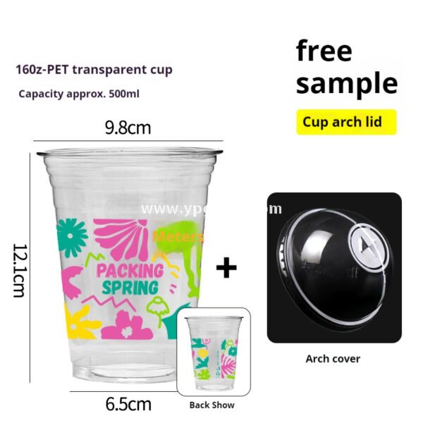 500ml Ice Cream & Milk Tea Cup 9.8x6.5x12.1cm – 16oz Disposable Cup with Leaf Print & Flat, Dome, Flip Lid