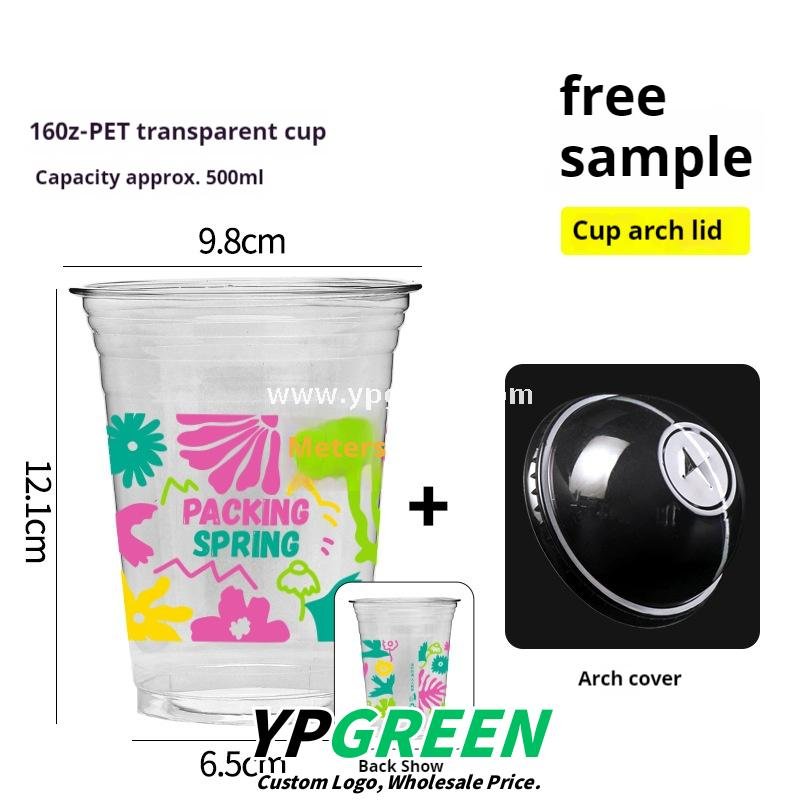 500ml Ice Cream & Milk Tea Cup 9.8x6.5x12.1cm – 16oz Disposable Cup with Leaf Print & Flat, Dome, Flip Lid