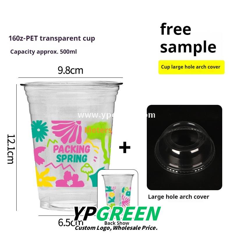 500ml Ice Cream & Milk Tea Cup 9.8x6.5x12.1cm – 16oz Disposable Cup with Leaf Print & Flat, Dome, Flip Lid
