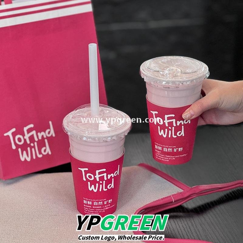 500ml Disposable Milk Tea Cups with Pink Wraps – 16oz 9.8x6.5x12.1cm Iced Drink Cup