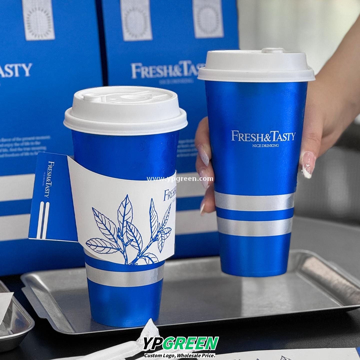 500ml Blue Metallic-Lined Plastic Cup 9x4.8x15.7cm + Leak-Resistant White Lid