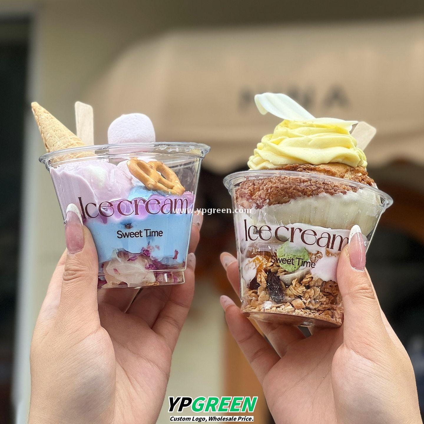 260ml PET Clear Waffle Ice Cream Cups 92x55x71 mm – 9oz Disposable Dessert Cups For Sale
