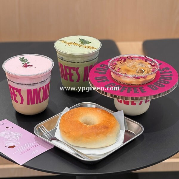 360ml Clear Plastic Coffee Cup with Custom Pink Kraft Corrugated Sleeve 9×6×9cm