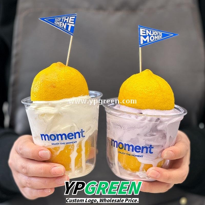 360ml Thick PET Cup with Flag 9x6x9 cm U-Shaped Ice Cream & Smoothie Cup