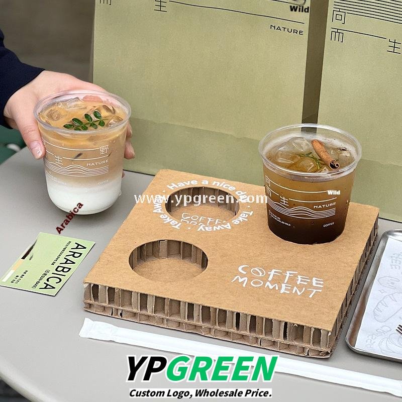400ml U-Shaped PET Coffee Cup with Honeycomb Sleeve – 9x6x9.5cm Clear Cold Drink To-Go