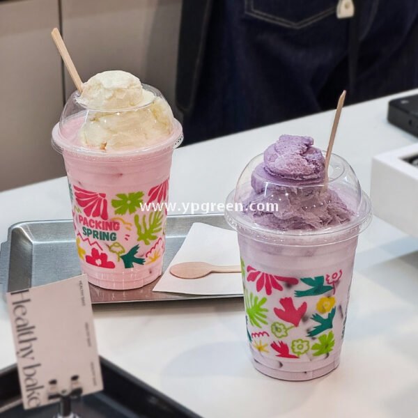 500ml Ice Cream & Milk Tea Cup 9.8x6.5x12.1cm – 16oz Disposable Cup with Leaf Print & Flat, Dome, Flip Lid