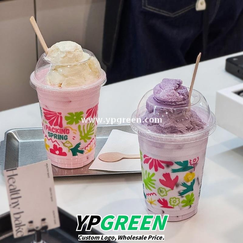 500ml Ice Cream & Milk Tea Cup 9.8x6.5x12.1cm – 16oz Disposable Cup with Leaf Print & Flat, Dome, Flip Lid