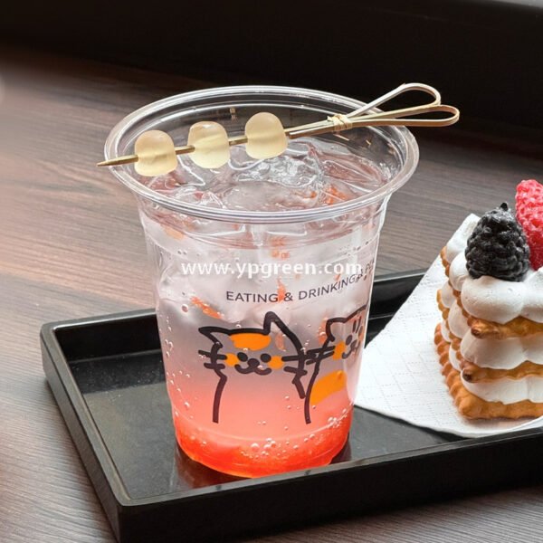 14oz Cute Cat Design Cold Drink Cup with Paper Tray – 400ml PET Cup 9.8x6.0x10.7cm