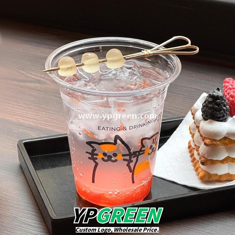 14oz Cute Cat Design Cold Drink Cup with Paper Tray – 400ml PET Cup 9.8x6.0x10.7cm