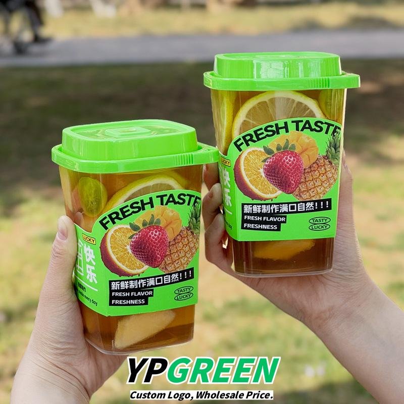 22oz Square Frosted Tea Cups 9.2x6.5x12.9cm – 650ml Injection Molded Plastic with Green Lid