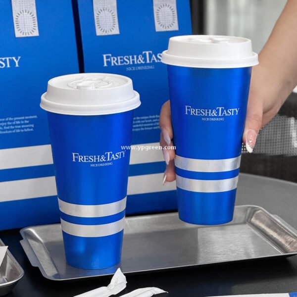 500ml Blue Metallic-Lined Plastic Cup 9x4.8x15.7cm + Leak-Resistant White Lid