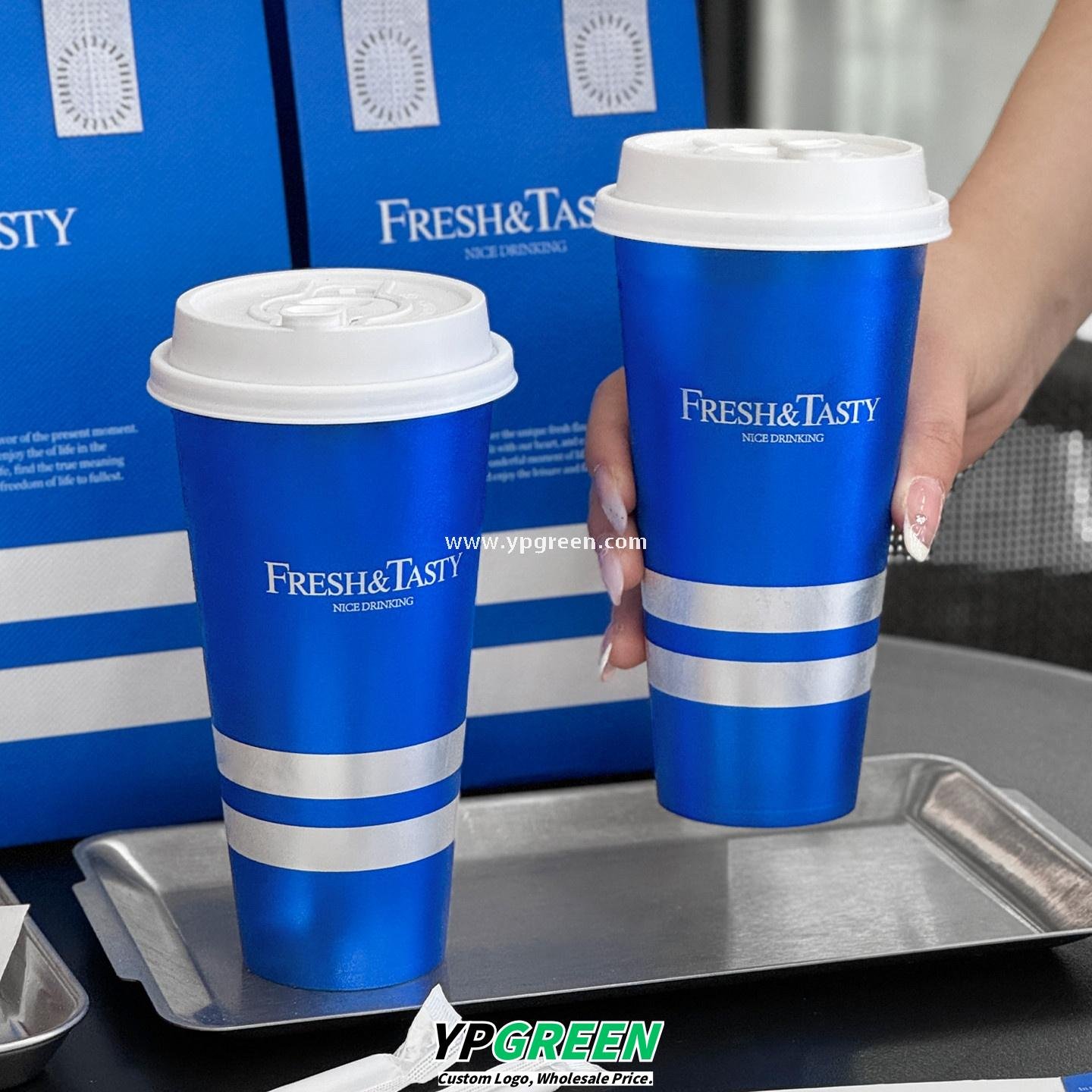500ml Blue Metallic-Lined Plastic Cup 9x4.8x15.7cm + Leak-Resistant White Lid