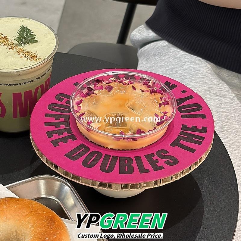 360ml Clear Plastic Coffee Cup with Custom Pink Kraft Corrugated Sleeve 9×6×9cm