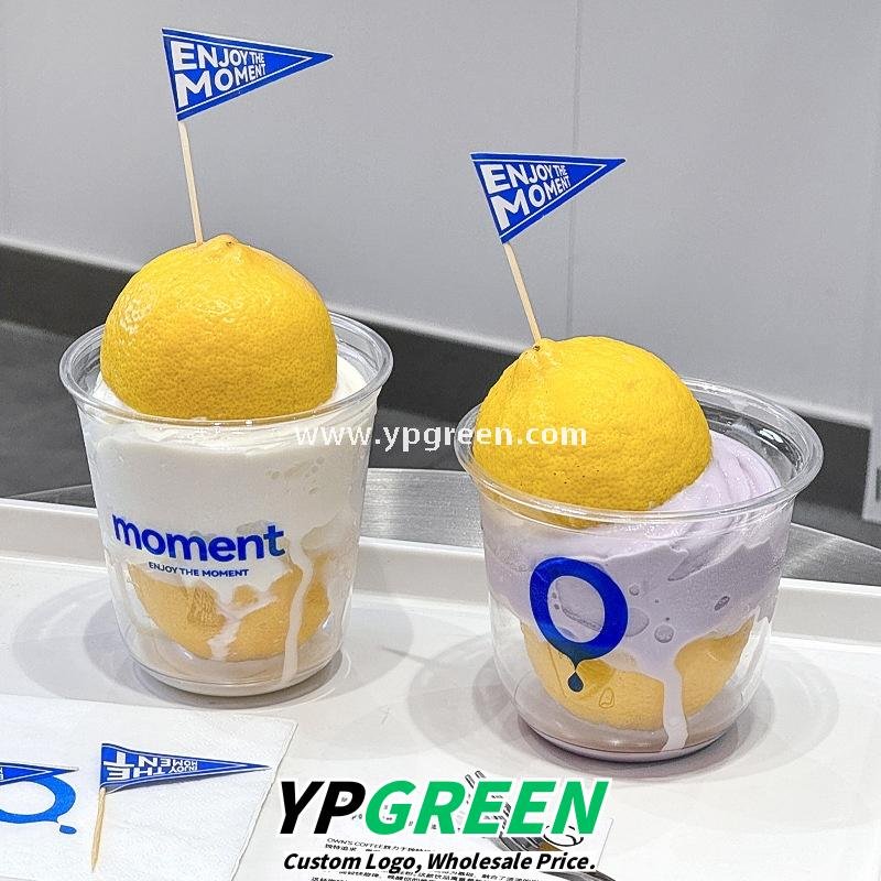 360ml Thick PET Cup with Flag 9x6x9 cm U-Shaped Ice Cream & Smoothie Cup