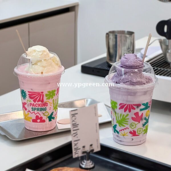 500ml Ice Cream & Milk Tea Cup 9.8x6.5x12.1cm – 16oz Disposable Cup with Leaf Print & Flat, Dome, Flip Lid