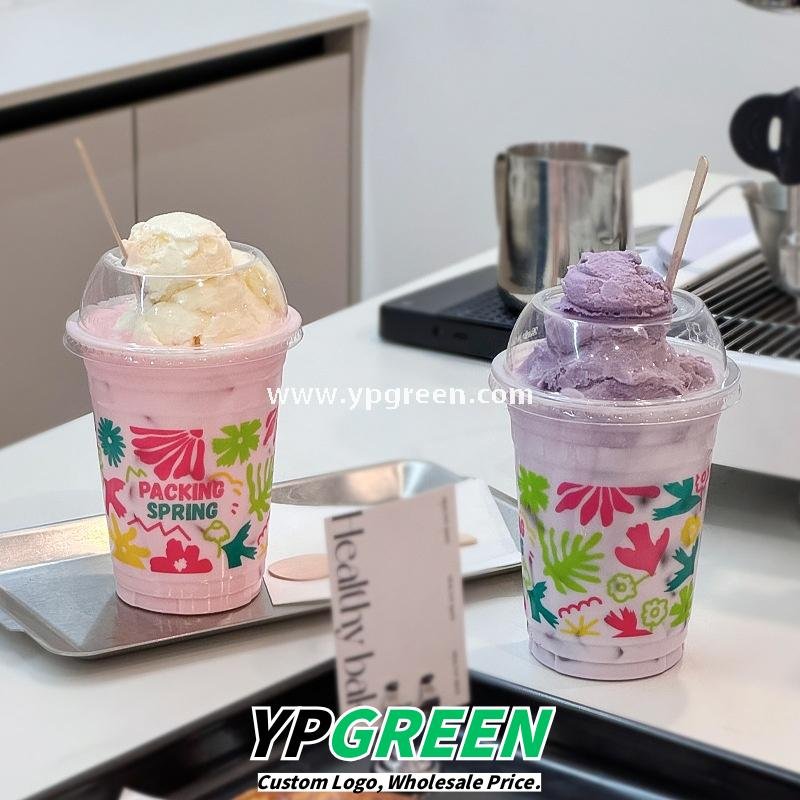 500ml Ice Cream & Milk Tea Cup 9.8x6.5x12.1cm – 16oz Disposable Cup with Leaf Print & Flat, Dome, Flip Lid