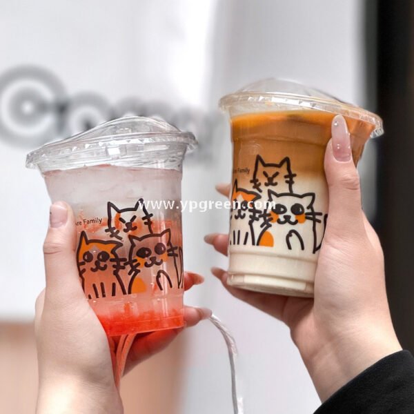 14oz Cute Cat Design Cold Drink Cup with Paper Tray – 400ml PET Cup 9.8x6.0x10.7cm