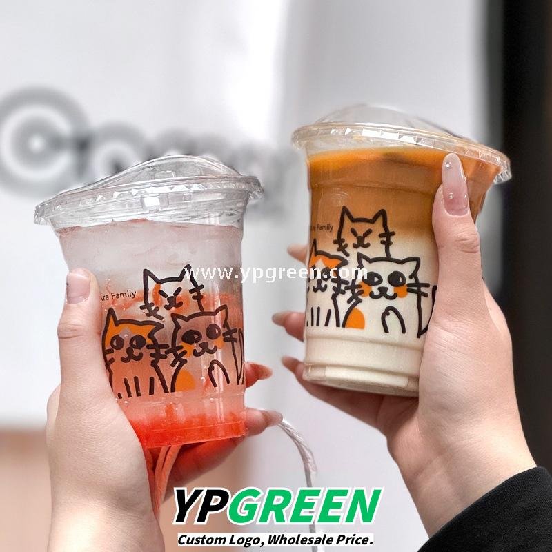 14oz Cute Cat Design Cold Drink Cup with Paper Tray – 400ml PET Cup 9.8x6.0x10.7cm