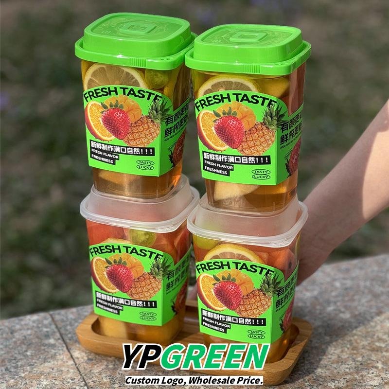 22oz Square Frosted Tea Cups 9.2x6.5x12.9cm – 650ml Injection Molded Plastic with Green Lid