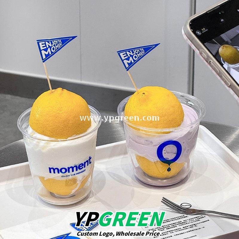 360ml Thick PET Cup with Flag 9x6x9 cm U-Shaped Ice Cream & Smoothie Cup