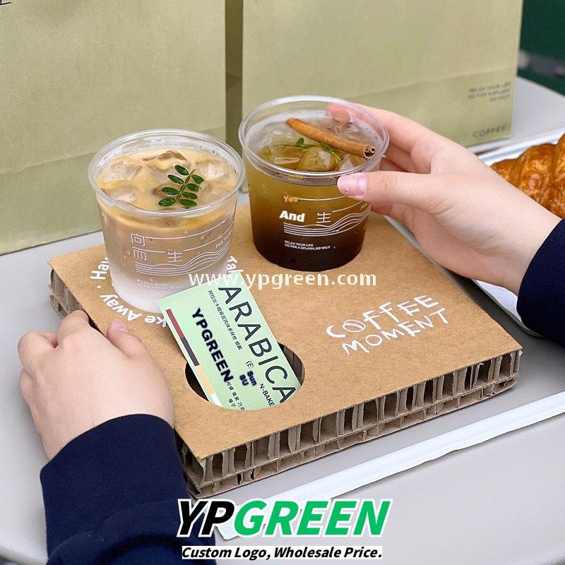 400ml U-Shaped PET Coffee Cup with Honeycomb Sleeve – 9x6x9.5cm Clear Cold Drink To-Go