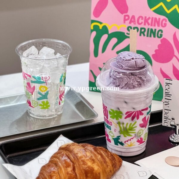 500ml Ice Cream & Milk Tea Cup 9.8x6.5x12.1cm – 16oz Disposable Cup with Leaf Print & Flat, Dome, Flip Lid