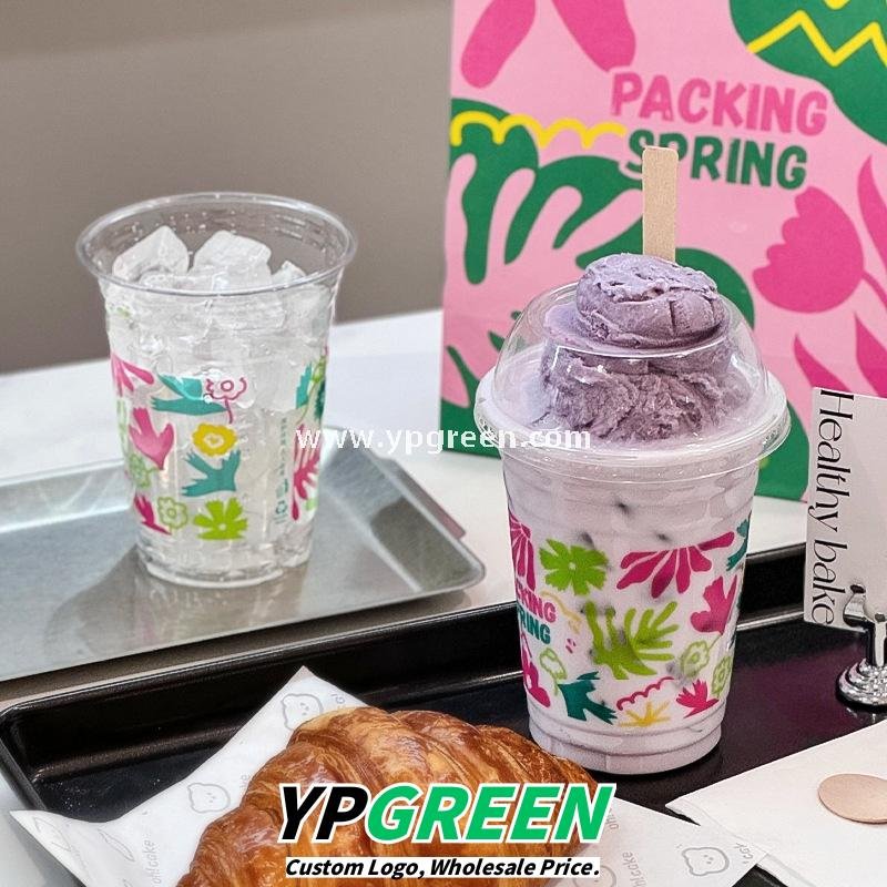 500ml Ice Cream & Milk Tea Cup 9.8x6.5x12.1cm – 16oz Disposable Cup with Leaf Print & Flat, Dome, Flip Lid