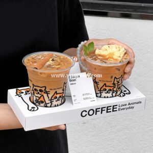 14oz Cute Cat Design Cold Drink Cup with Paper Tray – 400ml PET Cup 9.8x6.0x10.7cm