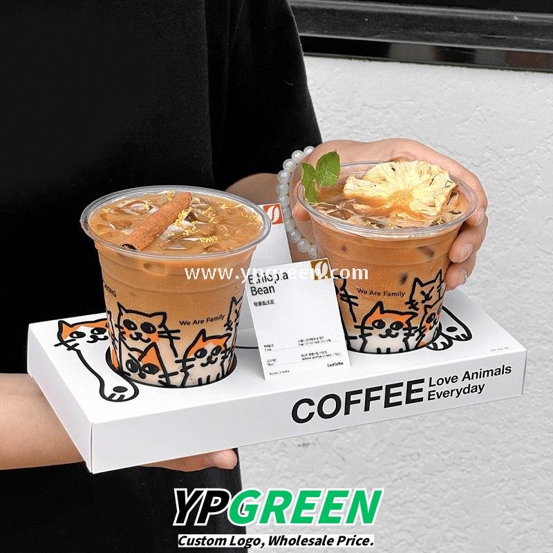 14oz Cute Cat Design Cold Drink Cup with Paper Tray – 400ml PET Cup 9.8x6.0x10.7cm