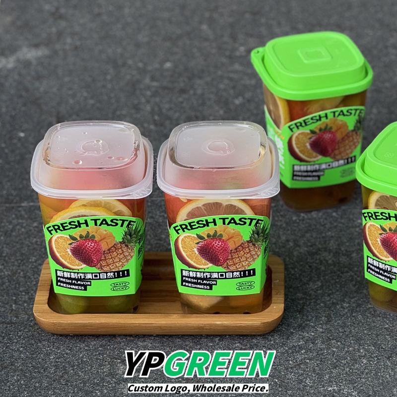 22oz Square Frosted Tea Cups 9.2x6.5x12.9cm – 650ml Injection Molded Plastic with Green Lid