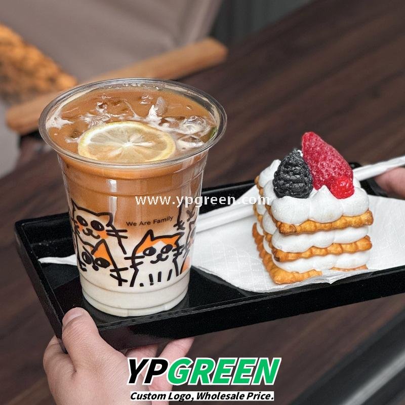 14oz Cute Cat Design Cold Drink Cup with Paper Tray – 400ml PET Cup 9.8x6.0x10.7cm