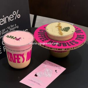 360ml Clear Plastic Coffee Cup with Custom Pink Kraft Corrugated Sleeve 9×6×9cm