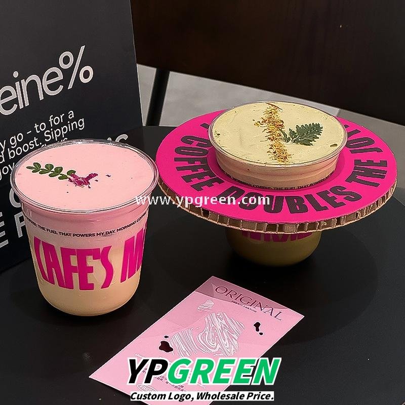 360ml Clear Plastic Coffee Cup with Custom Pink Kraft Corrugated Sleeve 9×6×9cm