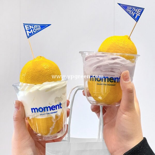 360ml Thick PET Cup with Flag 9x6x9 cm U-Shaped Ice Cream & Smoothie Cup