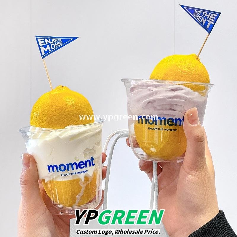 360ml Thick PET Cup with Flag 9x6x9 cm U-Shaped Ice Cream & Smoothie Cup