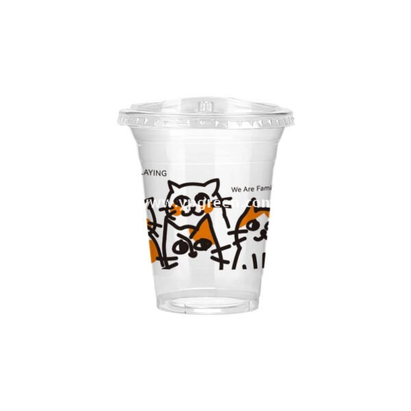 14oz Cute Cat Design Cold Drink Cup with Paper Tray – 400ml PET Cup 9.8x6.0x10.7cm