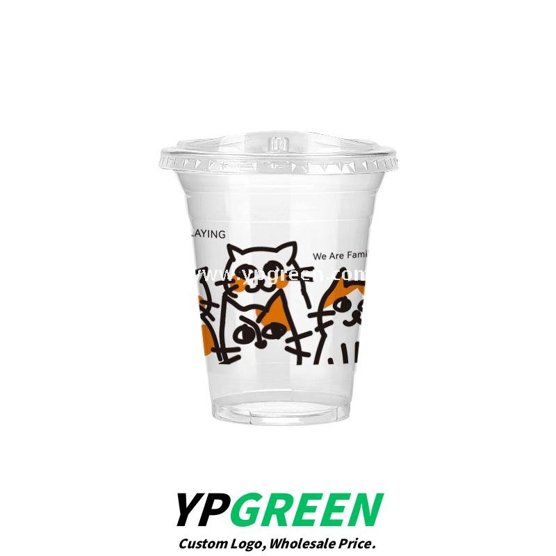 14oz Cute Cat Design Cold Drink Cup with Paper Tray – 400ml PET Cup 9.8x6.0x10.7cm