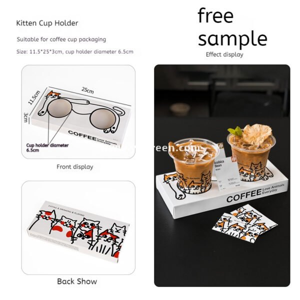 14oz Cute Cat Design Cold Drink Cup with Paper Tray – 400ml PET Cup 9.8x6.0x10.7cm