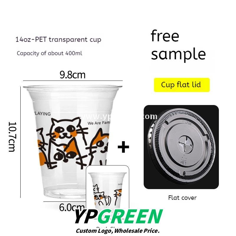 14oz Cute Cat Design Cold Drink Cup with Paper Tray – 400ml PET Cup 9.8x6.0x10.7cm