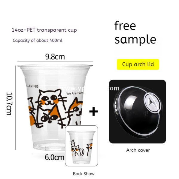 14oz Cute Cat Design Cold Drink Cup with Paper Tray – 400ml PET Cup 9.8x6.0x10.7cm