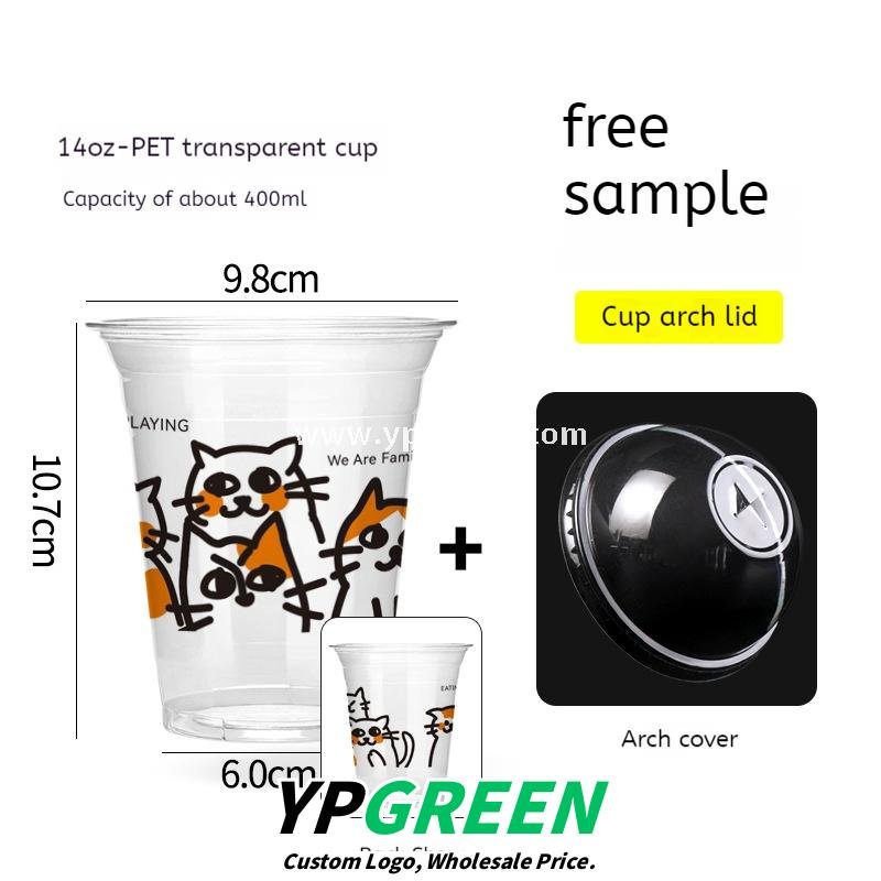 14oz Cute Cat Design Cold Drink Cup with Paper Tray – 400ml PET Cup 9.8x6.0x10.7cm