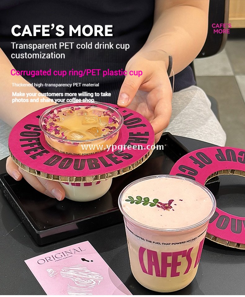 360ml Clear Plastic Coffee Cup with Custom Pink Kraft Corrugated Sleeve 9×6×9cm