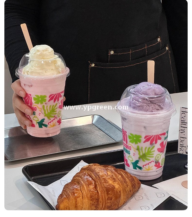 500ml Ice Cream & Milk Tea Cup 9.8x6.5x12.1cm – 16oz Disposable Cup with Leaf Print & Flat, Dome, Flip Lid