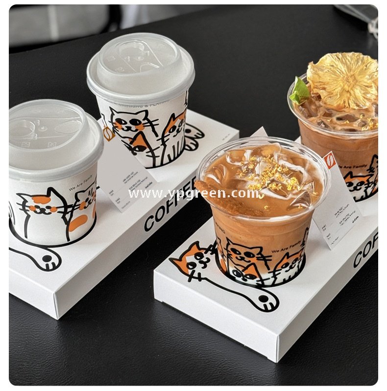 14oz Cute Cat Design Cold Drink Cup with Paper Tray – 400ml PET Cup 9.8x6.0x10.7cm