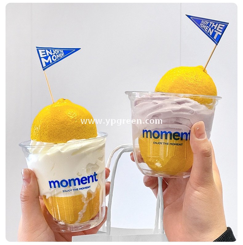 360ml Thick PET Cup with Flag 9x6x9 cm U-Shaped Ice Cream & Smoothie Cup