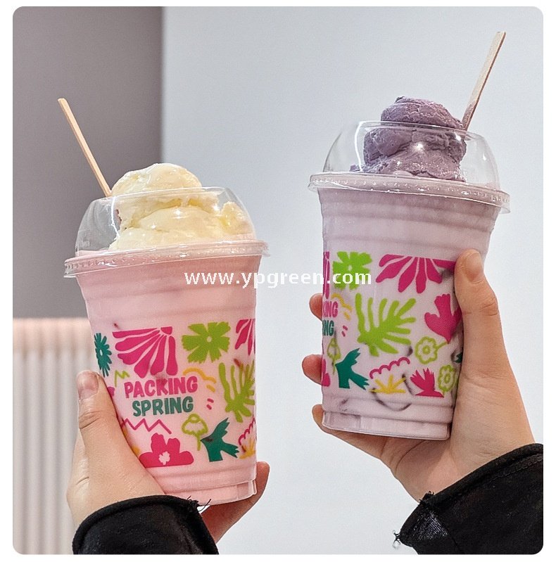 500ml Ice Cream & Milk Tea Cup 9.8x6.5x12.1cm – 16oz Disposable Cup with Leaf Print & Flat, Dome, Flip Lid